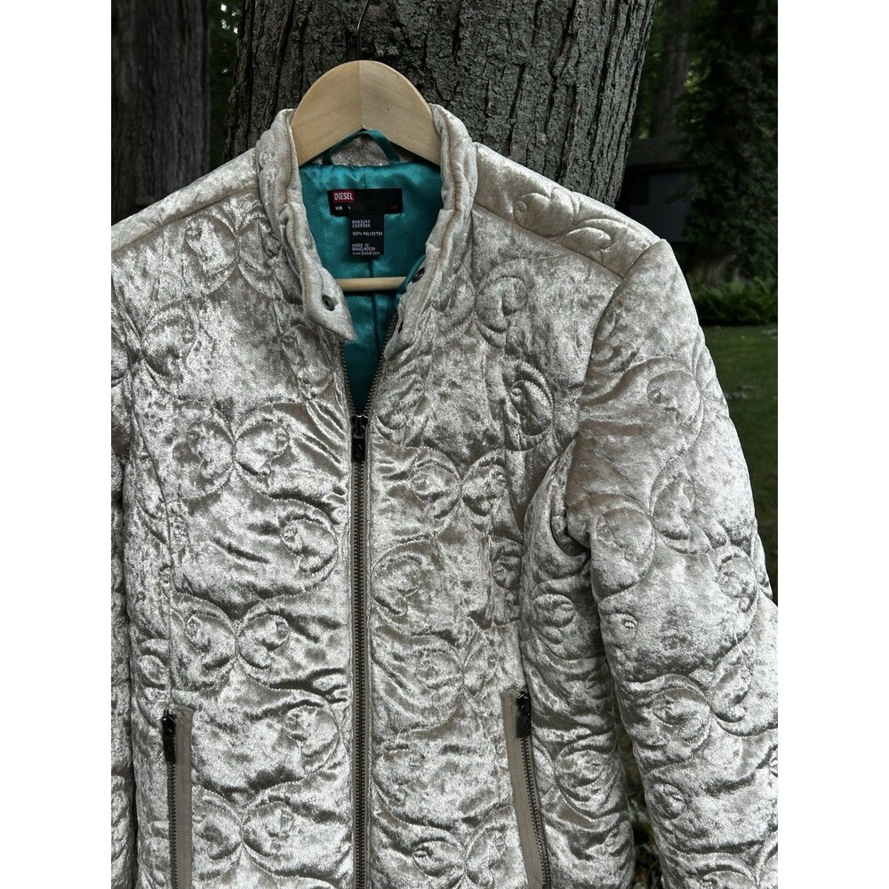Women's Diesel Crushed Velvet Quilted Jacket Size Large Zip Front Pockets - Picture 3 of 10